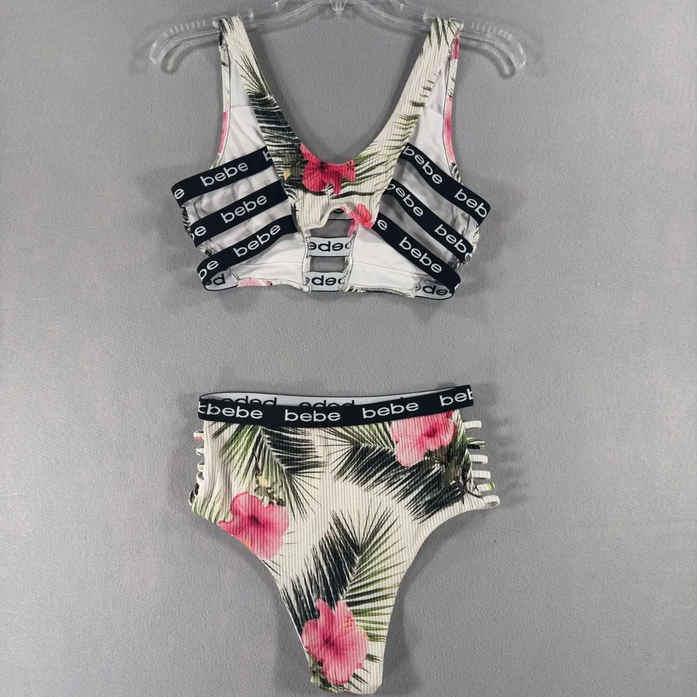 Bebe Women Tropical Floral Ribbed Bikini Set Logo Strappy High Waist White S